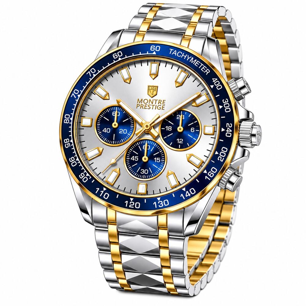 Montres Prestige Invicta MPW 0348 Men's Chronograph Silver Blue Gold Watch NIB